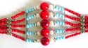 Multi red beads forming 5-strings fashion bracelet with 5 red pearl beads and multi mini blue beads set in middle