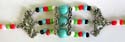 Assorted color beads forming sing-string fashion bracelet with 3 rounded turquoise stone and multi assorted color beads in middle