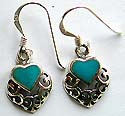 Cut-out heart pattern sterling silver earring with heart shape turquoise beaded on top