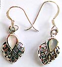 Cut-out heart pattern sterling silver earring with tear-drop shape mother of pearl seashell beaded on top