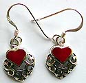 Cut-out heart pattern sterling silver earring with heart shape red carnelian stone beaded on top