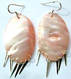 Fish hook sterling silver earring with pink color oval seashell holding 5 sterling silver strips on bottom