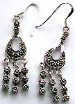 Marcasites embedded central-empty tear-drop pattern sterling silver earring with 3 marcasites beaded strings 
