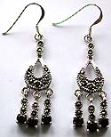 Marcasites embedded central-empty tear-drop pattern sterling silver earring with 3 marcasites and garnet stone beaded strings 
