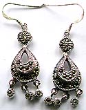 Marcasites embedded central-empty tear-drop pattern sterling silver earring with 3 marcasites beaded on bottom