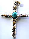 Twisted cross pattern sterling silver pendant with rounded turquoise stone embedded at center