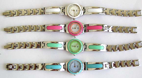 Thick band fashion bracelet watch with enamel color decor on both sides