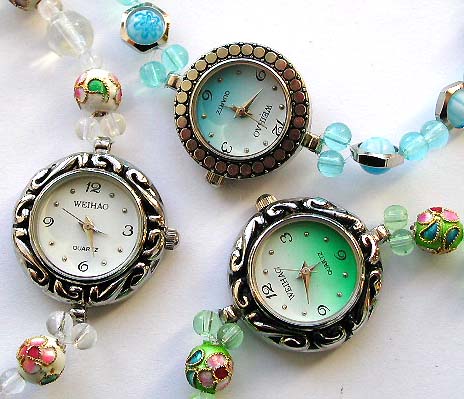 Multi color beads forming fashion bracelet watch with pattern decor around clock face
