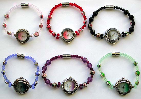 Multi color beads forming fashion bracelet watch with pattern decor around clock face