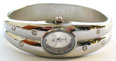 Fashion bangle watch with oval shape clock face design and 3 mini clear cz stone