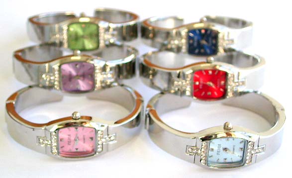Fashion bangle watch with multi mini clear cz stone forming T shape pattern