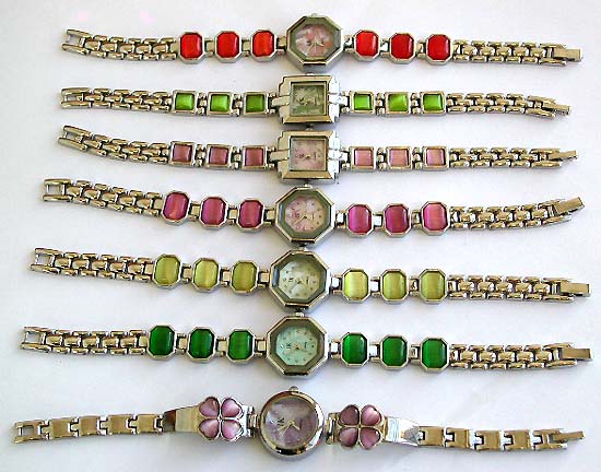 Assorted clock face design fashion bracelet watch with assorted design cat eye stone 