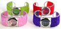 Beaded strips forming or carved-out spiral pattern design fashion bangle watch, assorted color randomly pick