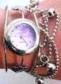 Carved-out pattern wide band fashion beaded bangle watch with jinggle bell chain decor, assorted color randomly pick