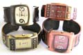 Copper red or yellow fashion bangle watch with cross or golf players pattern decor on each side, assorted color and design randomly pick