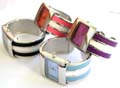 Fashion wide band bangle watch with enamel color triple imitation leather decor both sides, assorted color randomly pick