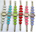 Elliptical clock face design fashion bracelet watch with 3 enamel color heart shape decor on each side, assorted color randomly pick by our warehouse staffs