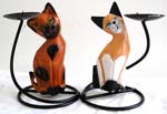 Iron candle holder with wooden cat curved stand design, assorted color cat randomly pick