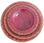 Coconut wood brown dish plate set with retan sewing edge, set of 3 pieces
