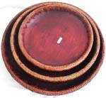Coconut wood brown round plate set with retan sewing edge, set of 3 pieces