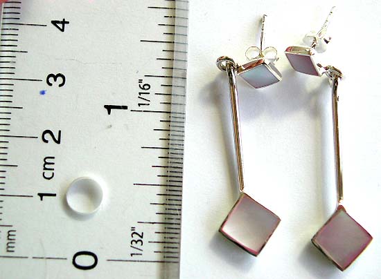White mother of pearl seashell embedded sterling silver stud earring with long string holding a geometrical design mother of pearl seashell hanging down
   
  

   

 
 







 

 








 
