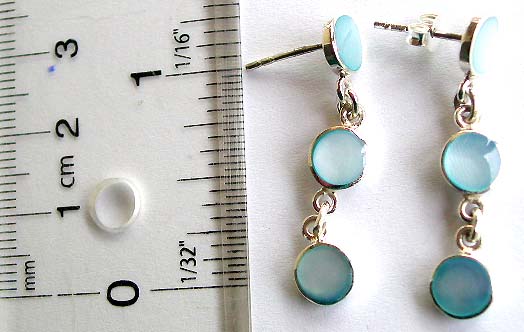 Sterling silver stud earring with 3 rounded blue mother of pearl seashell hanging down

