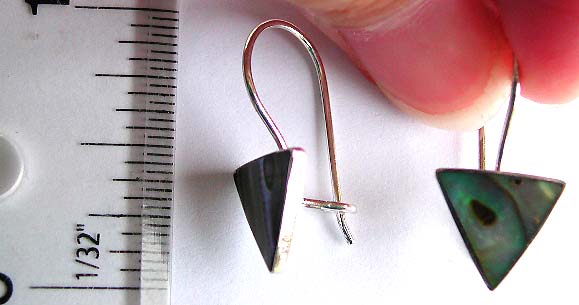 Triangular abalone seashell inlay sterling silver earring with clip-in fish hook for closure 
