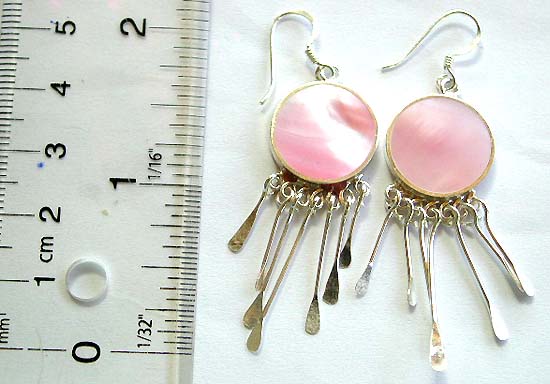 Wholesale dangle earring, pink mother of pearl seashell inlay fish hook sterling silver earring with multi silver dangles hanging    
