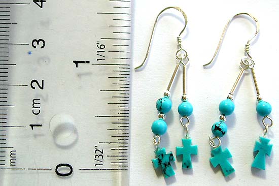 Double blue beaded string design sterling silver earring with a blue cross pattern hanging on bottom of each string    
