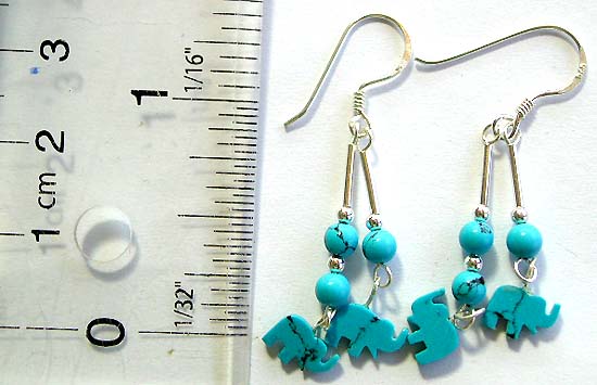 Double blue beaded string design sterling silver earring with a blue elephant pattern hanging on bottom of each string    
