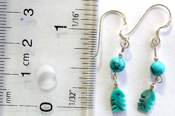 Sterling silver earring in single blue beaded string design with a blue fish bone pattern hanging on bottom     
