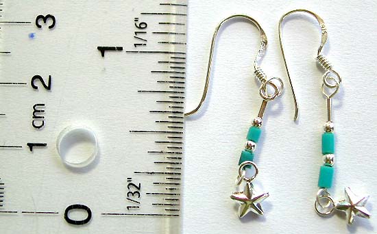 Fish hook sterling silver earring in 2 silver and 2 blue beaded strip design hold ling a star pattern on bottom       
