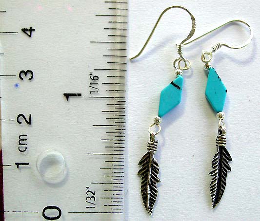 Geometrical shape blue bead sterling silver earring with a silver leaf pattern on bottom       

