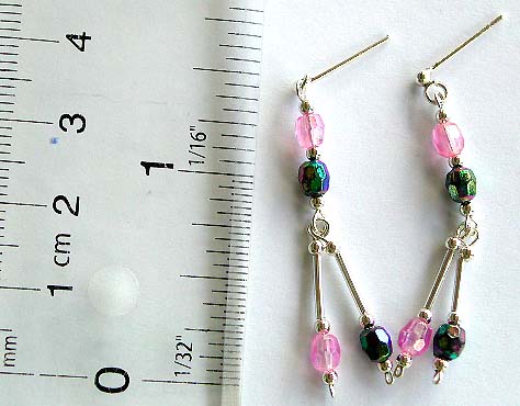 Pink and green color beaded sterling silver earring with color beaded double strip hanging down       

