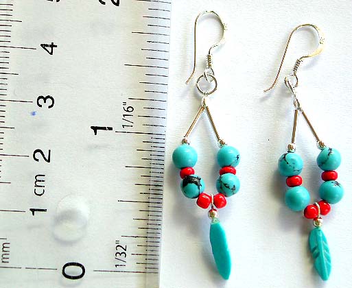 Rounded blue turquoise and red beads inlay loop shape pattern design sterling silver earring with fish hook for closure       
