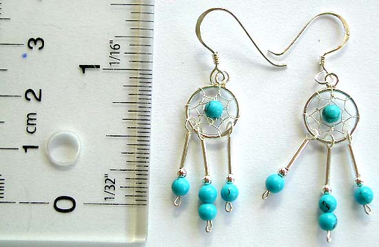 Blue beaded round web design fish hook sterling silver earring with 3 blue beaded dangle suspending down       
