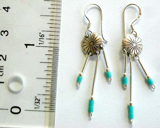 Daisy flower pattern design sterling silver earring with 3 beaded strips on bottom and fish hook back for convenience closure       
