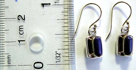 Carved-out rectangle pattern design sterling silver earring with long elliptical shape purple stone embedded at center, fish hook for convenience closure                
