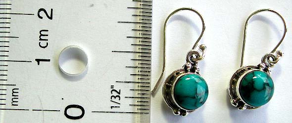 Sterling silver fish hook earring with rounded blue turquoise stone inlay at center                
