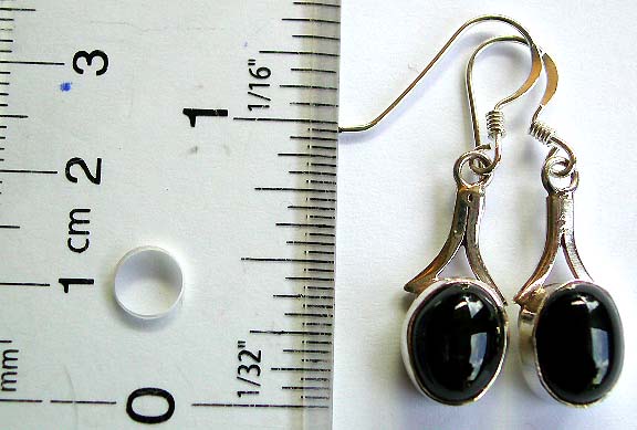 Fish hook sterling silver earring in carved-out Y shape pattern design holding an oval shape black onyx stone                 
