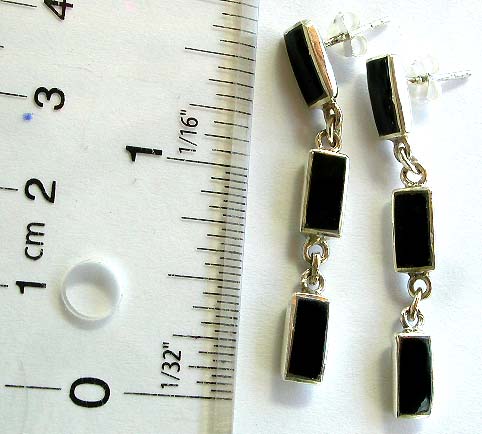 stud earring made of 925. sterling silver with 3 rectangular shape black onyx stone embedded string hanging down                 
