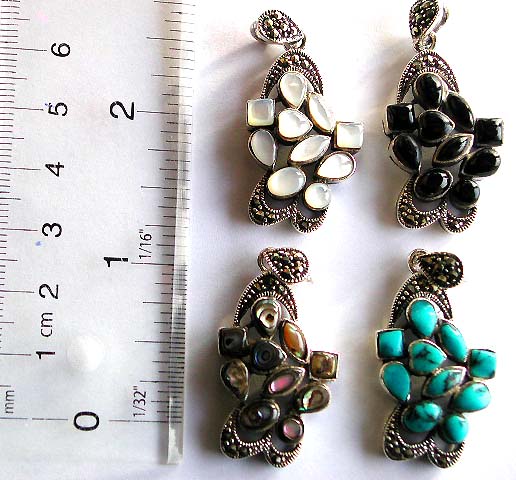 925. sterling silver pendant in carved-out pattern design with multi stone inlay at center and marcasite stones decor around edge, assorted stone randomly pick       
