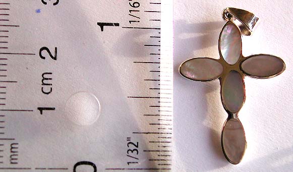 5 elliptical shape white mother of pearl seashell inlaid 925. sterling silver cross pendant        
