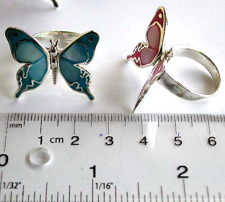 Butterfly jewelry, wholesale butterfly ring and pendant. Mother of pearl seashell embedded enamel butterfly sterling silver ring