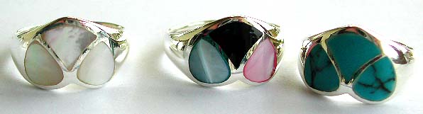 Jewelry gift online shop wholesale sterling silver ring in heart shapes with turquoise or sea shell mother of pearl, black onyx inlaid.

