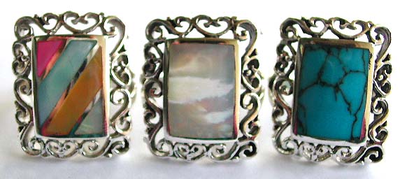 925. sterling silver ring with a rectangular shape genuine stone embedded carved-out pattern decor at center, assorted stone randomly pick  




