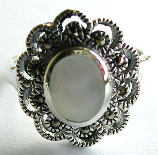 Wholesale jewelry site on the Web supply mother of pearl seashell inlay sterling silver ring with multi marcasite stones flower 
