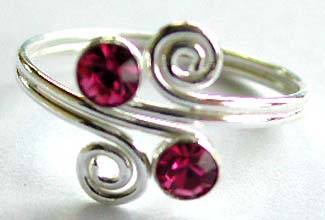 Sterling silver toe ring in double spiral pattern design holding 2 pink color cz stone in middle                 
