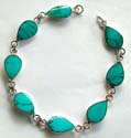 Multi elliptical and water-drop shape genuine blue turquoise stone inlay sterling silver bracelet