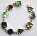 Sterling silver bracelet with multi triangular and rounded / triangular, rounded and sqaure shape abalone seashell inlaid